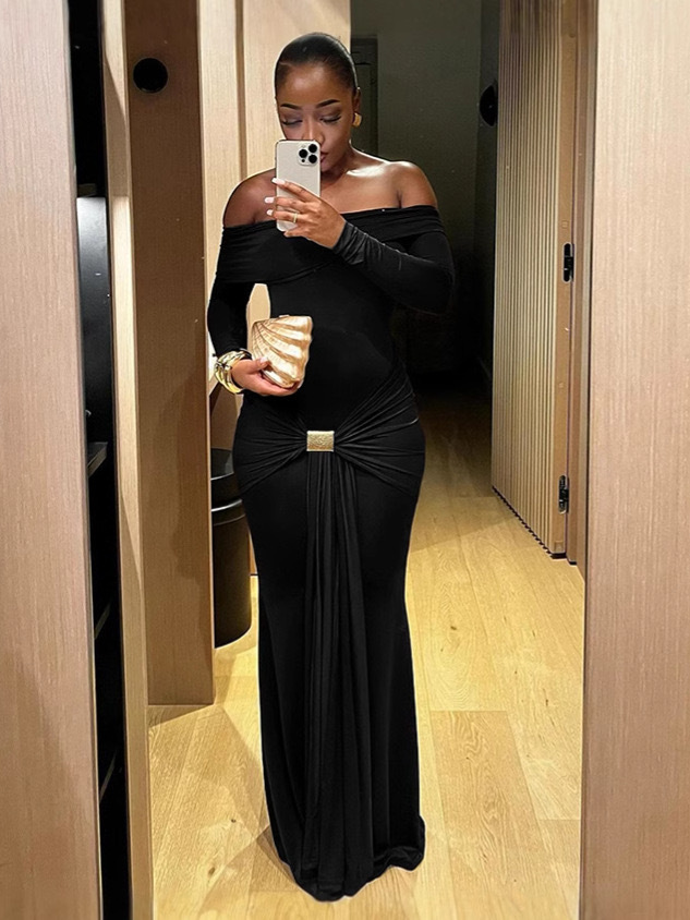 Women Off Shoulder Solid Long Sleeve Sexy Bodycon Dress
