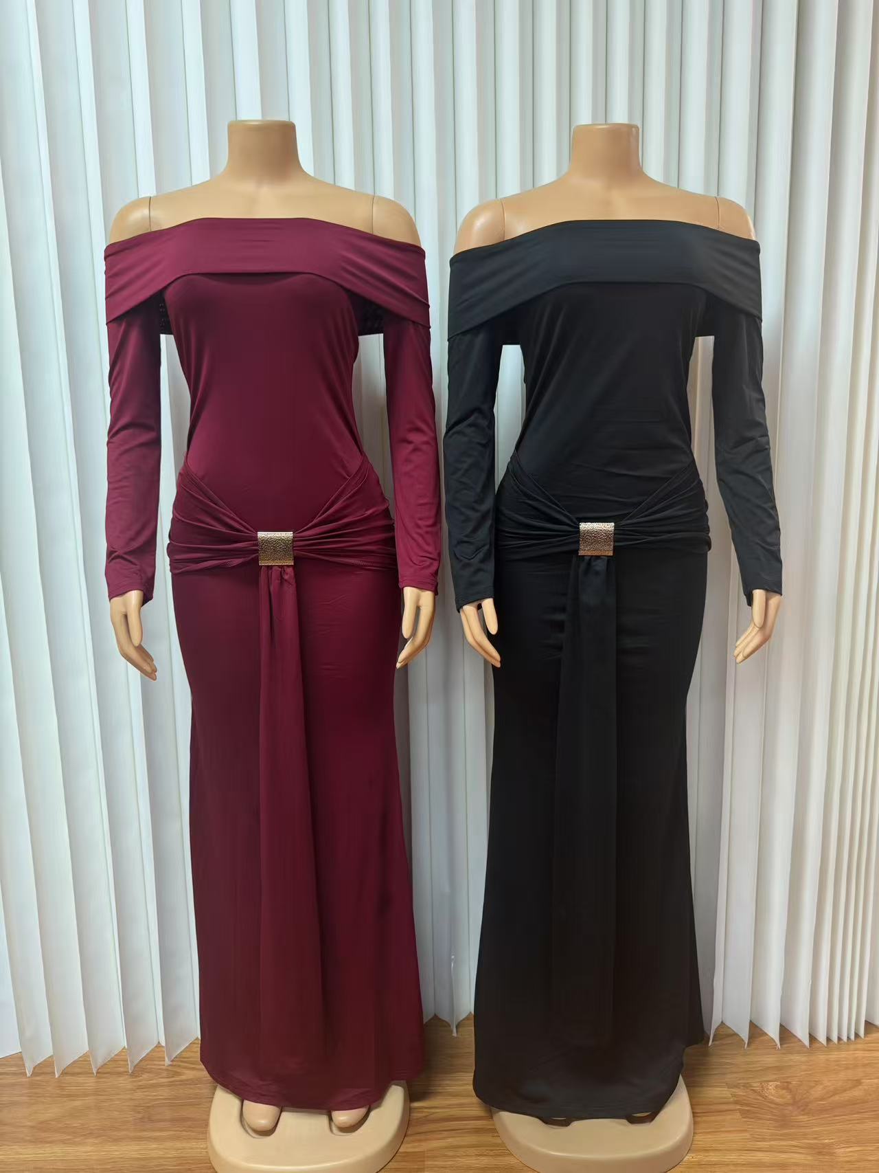 Women Off Shoulder Solid Long Sleeve Sexy Bodycon Dress