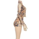 Autumn Women's Sexy Crop Top Bodycon Shorts Fashion Print Set