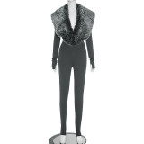 Women Fall/Winter V-Neck Furry Patchwork Shawl Collar Solid Long-Sleeved Jumpsuit
