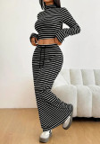 Women Solid Striped Half-Turtleneck Long-Sleeved Top and Skirt Two-Piece Set