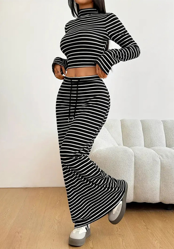 Women Solid Striped Half-Turtleneck Long-Sleeved Top and Skirt Two-Piece Set