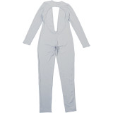 Autumn Women's Fashion Sexy Low Back Deep V Long Sleeve Solid Color Tight-Fitting Jumpsuit