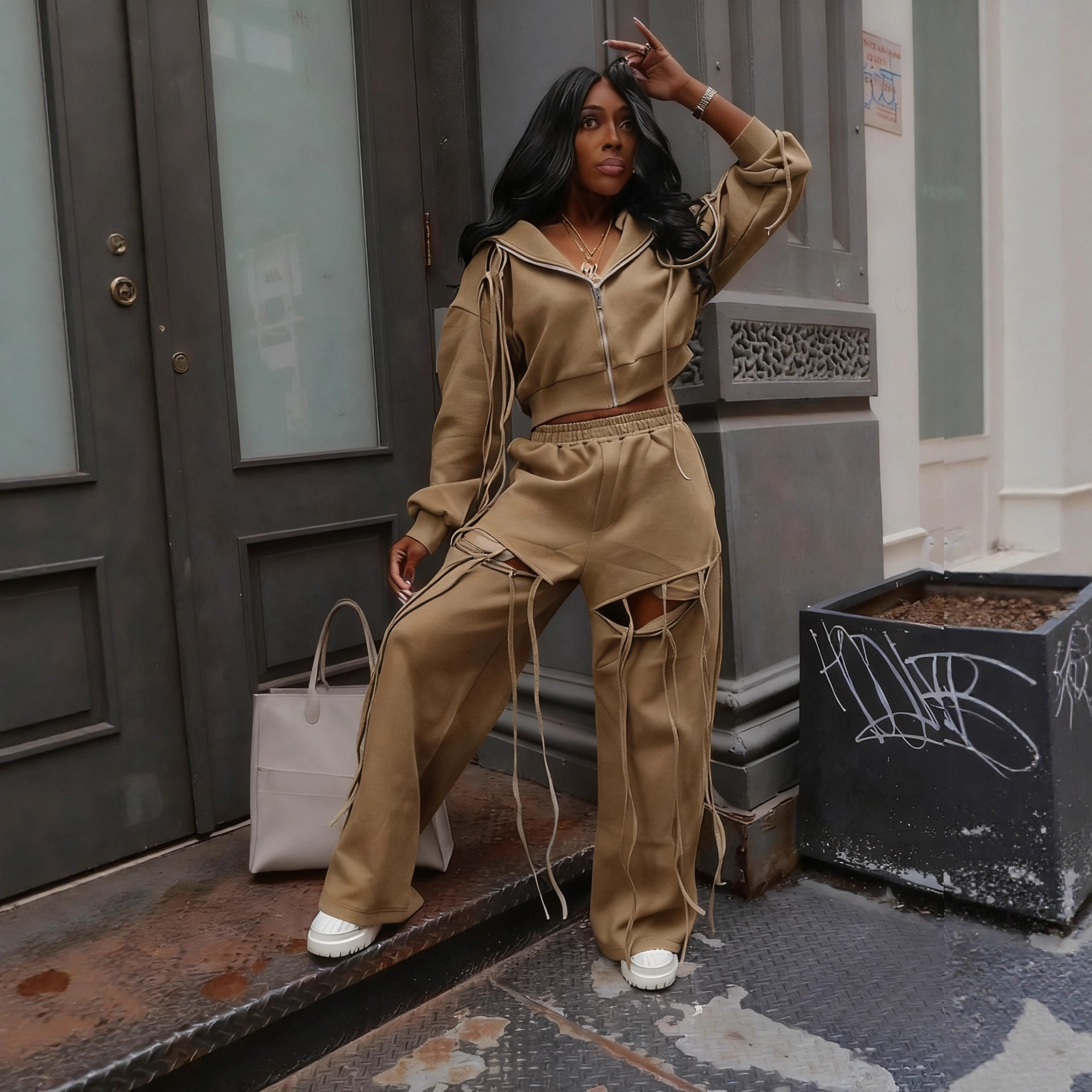 Women casual zipper hoodies and ripped wide-leg pants two-piece set