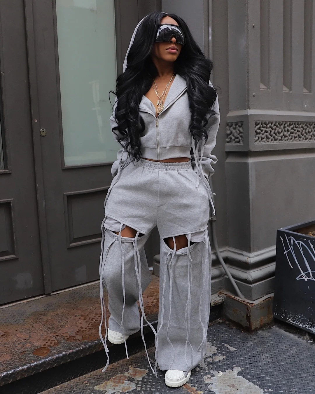 Women casual zipper hoodies and ripped wide-leg pants two-piece set