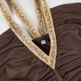 Women American-Style V-Neck Ethnic Ribbon Contrast Color Patchwork irregular pleated Halter Neck dress