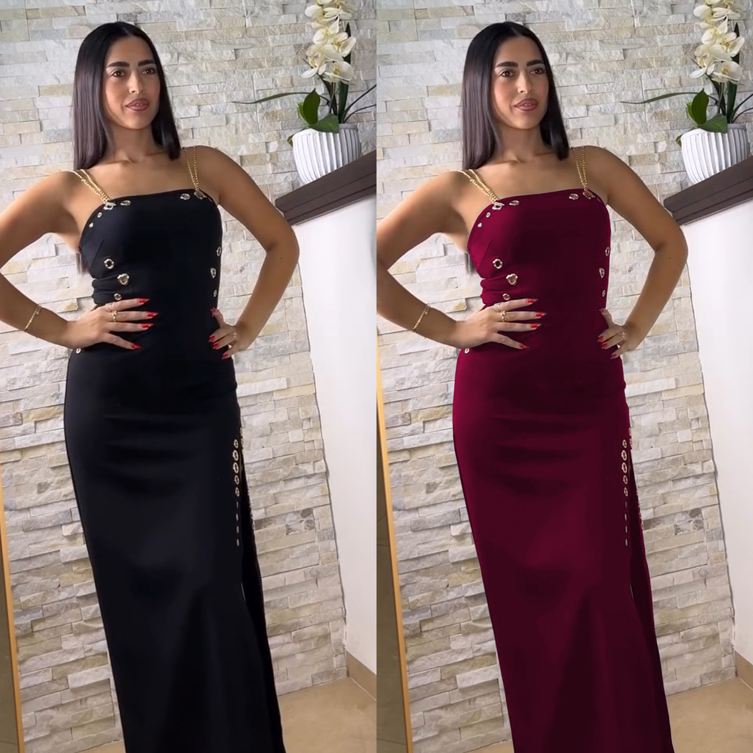 Women Elegant Gold Chain Sexy Strapless Slit Dress