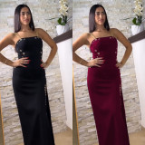 Women Elegant Gold Chain Sexy Strapless Slit Dress