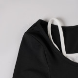 Women casual solid contrast color halter top T-shirt two-piece set