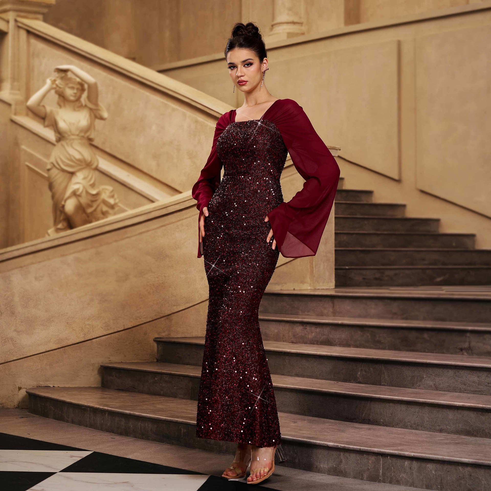 Women Long-Sleeved V-Neck Formal Party Sequined Maxi Dress