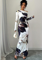 Spring Autumn Slash Shoulder Sexy Long Sleeve Slim Fit Long Dress