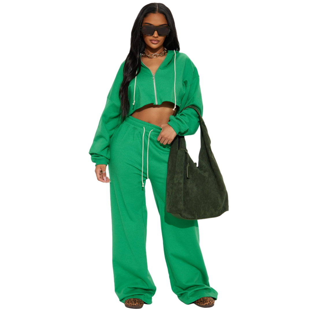 Women Casual Hooded Top and Wide-Leg Pants Two-Piece Set