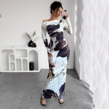 Spring Autumn Slash Shoulder Sexy Long Sleeve Slim Fit Long Dress