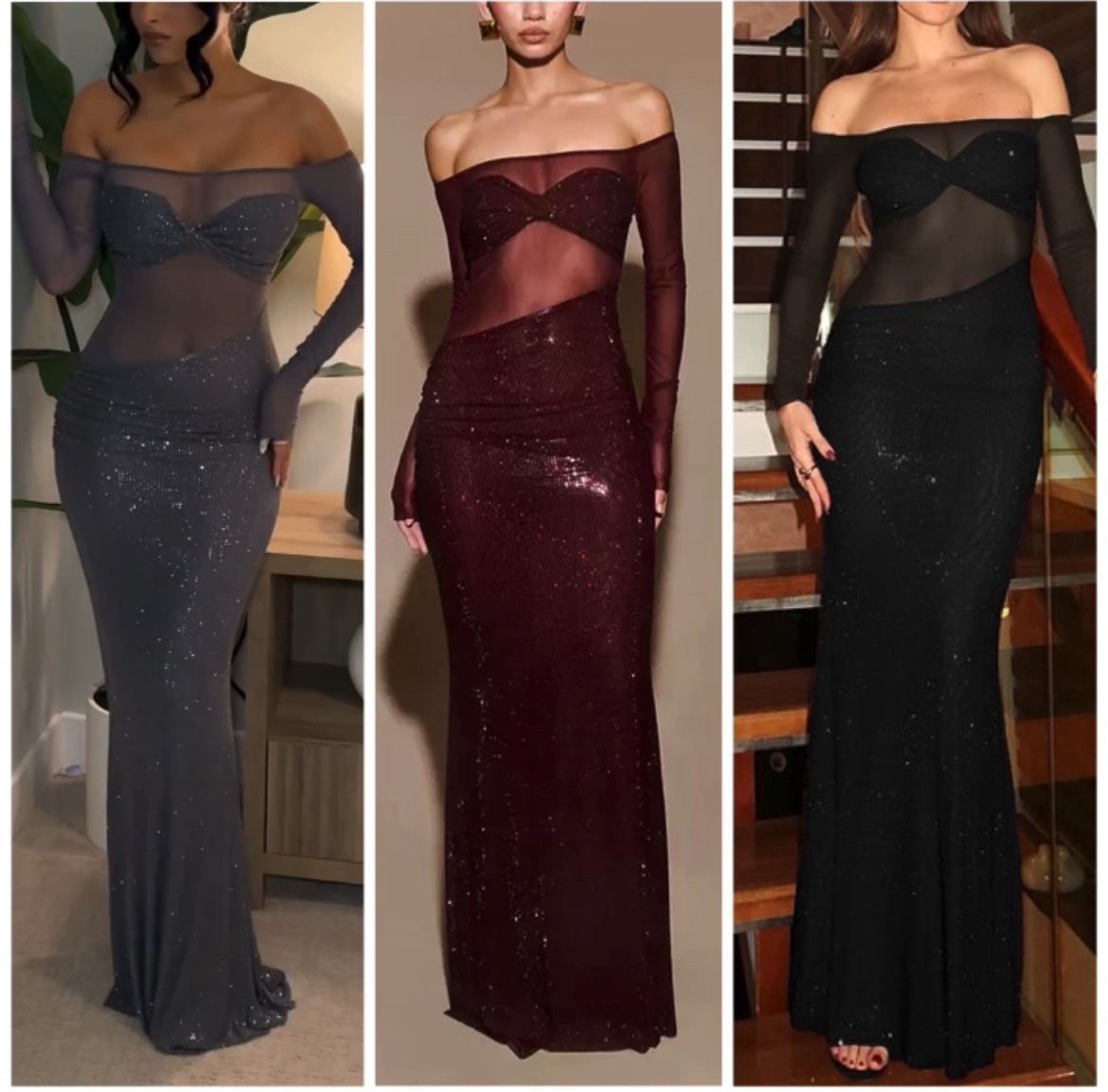 Women Beaded Sexy Mesh See-Through Formal Party Maxi Dress