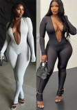 Autumn Women's Fashion Sexy Low Back Deep V Long Sleeve Solid Color Tight-Fitting Jumpsuit
