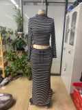 Women Solid Striped Half-Turtleneck Long-Sleeved Top and Skirt Two-Piece Set