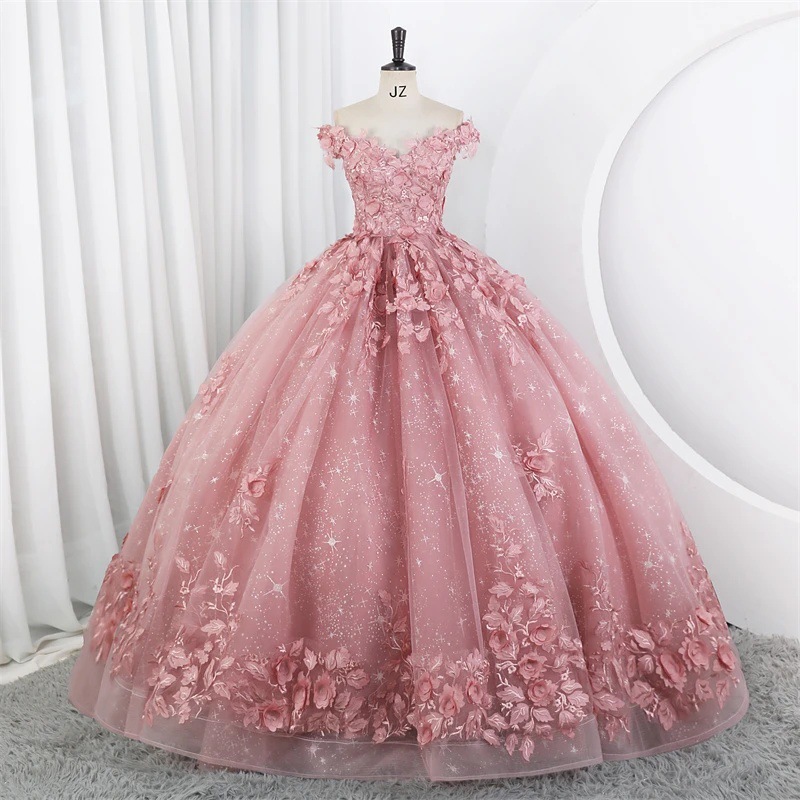 Women Puffy Tulle Embroidered Off-Shoulder Performance Costume Ball Gown