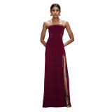 Women Elegant Gold Chain Sexy Strapless Slit Dress