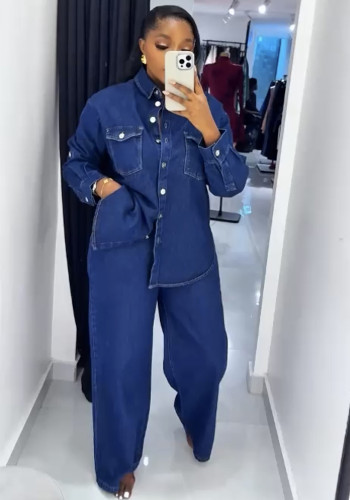 Women Turndown Collar Pocket Long-Sleeved Top and Two-Piece Pants Set