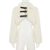 Women fall/winter faux furry metal Pu-Leather buttoned turndown collar top