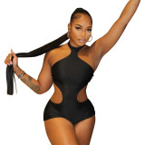 Women Fall Halter Neck Irregular Cutout Backless Solid Jumpsuit