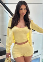 Women Solid Casual American-Style Sweatpants and Shorts Three-Piece Set