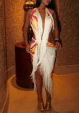 Women fall/winter Halter Neck lace-up V-neck backless printed top and tassel sexy skirt two-piece set