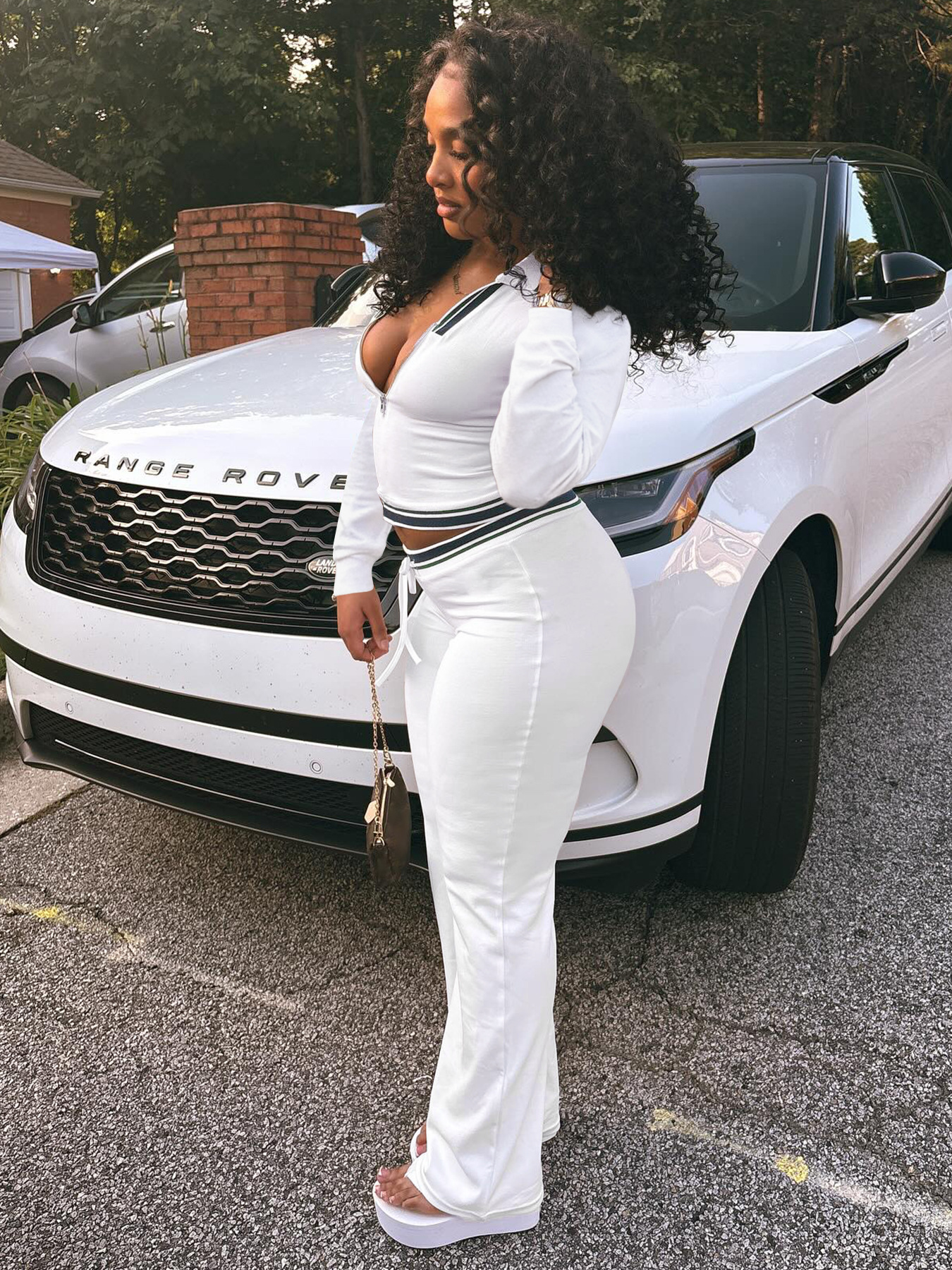 Turndown Collar Half-Zip Top & Wide-Leg Pants Athletic Set