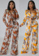 Summer Print Stand Collar Long Sleeve Shirt Top Wide Leg Pants Fashion Two-Piece Set