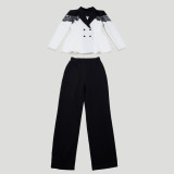 Women casual elegant lace Patchwork blazer and pant two-piece set