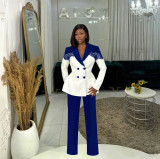 Women casual elegant lace Patchwork blazer and pant two-piece set
