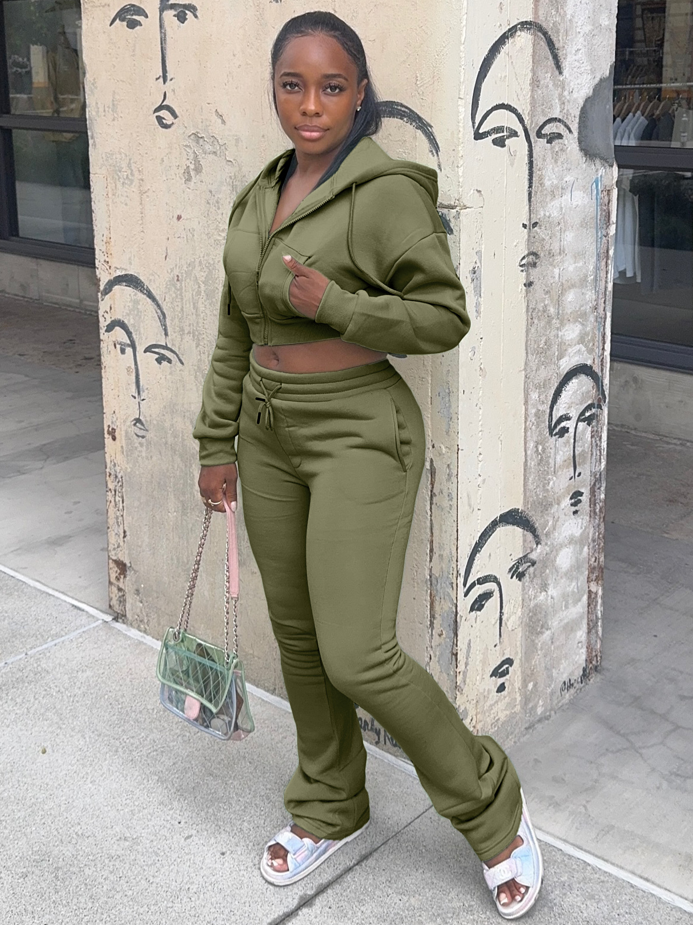 Women Hoodies and Bell Bottom Pants Two-Piece Set