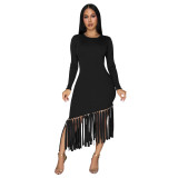 Women Solid Round Neck Tassel Dress