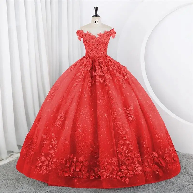 Women Puffy Tulle Embroidered Off-Shoulder Performance Costume Ball Gown