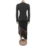 Women Solid Round Neck Tassel Dress