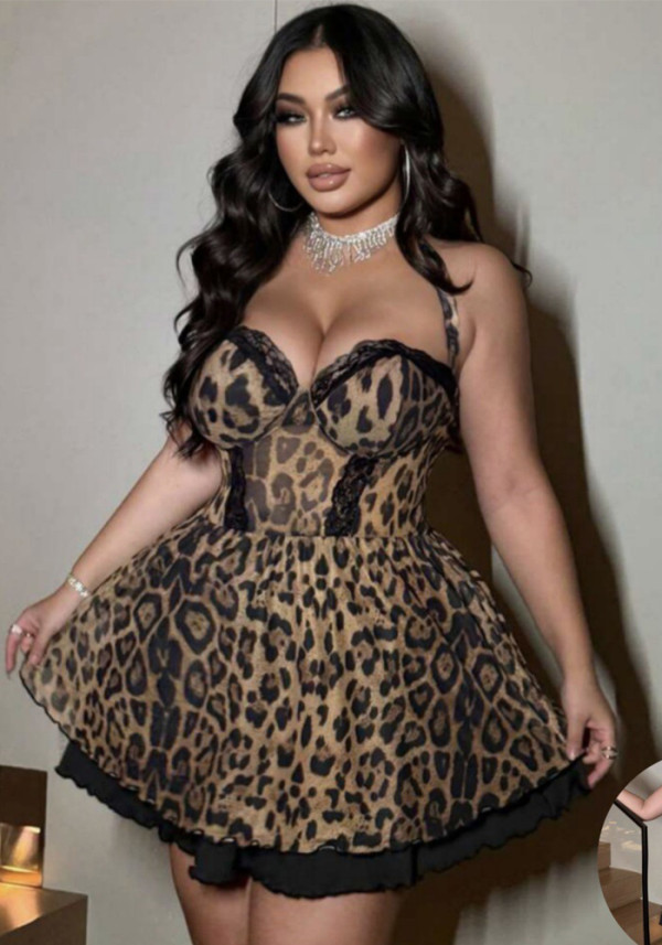 Plus-Size Women Sexy Leopard Print Lace Nightdress Sexy Lingerie
