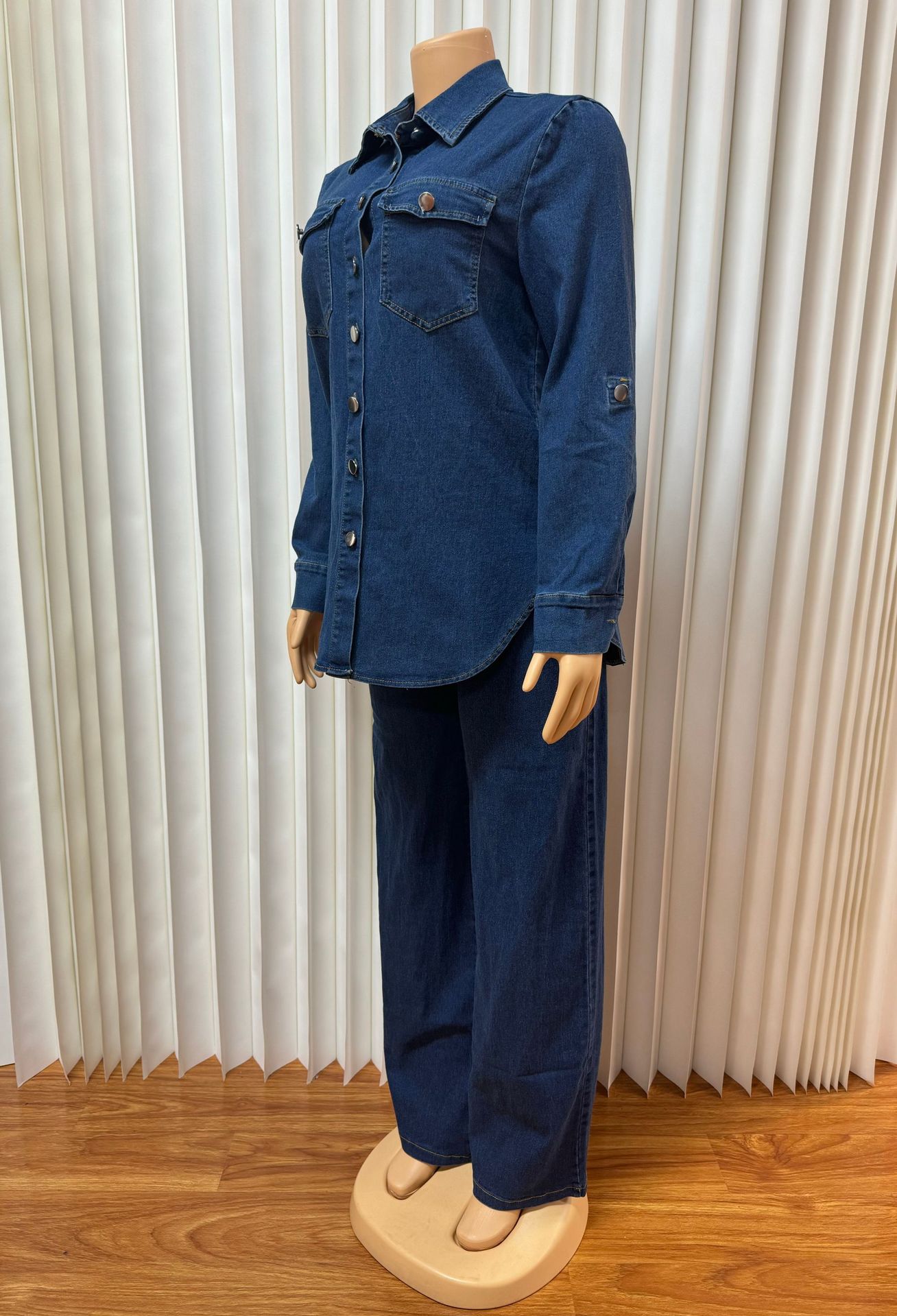 Women Turndown Collar Pocket Long-Sleeved Top and Two-Piece Pants Set