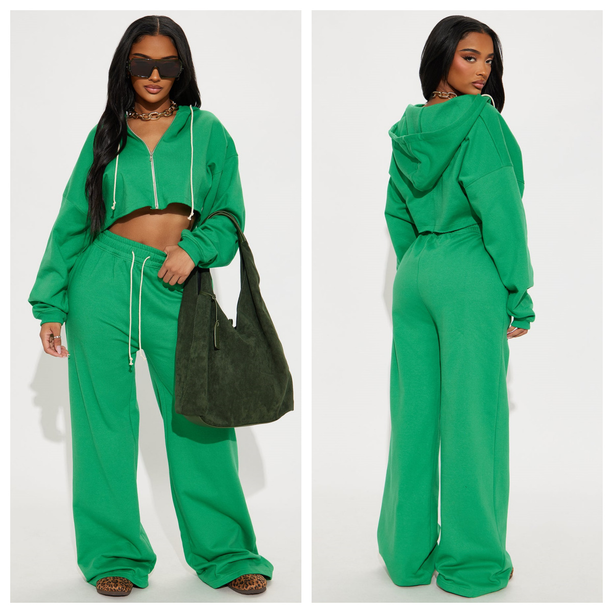 Women Casual Hooded Top and Wide-Leg Pants Two-Piece Set