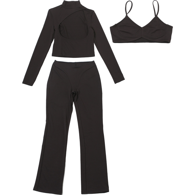 Women Autumn Hollow-Neck Long-Sleeved Top and Pants Two-Piece Set