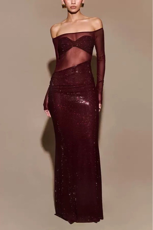 Women Beaded Sexy Mesh See-Through Formal Party Maxi Dress
