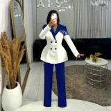 Women casual elegant lace Patchwork blazer and pant two-piece set