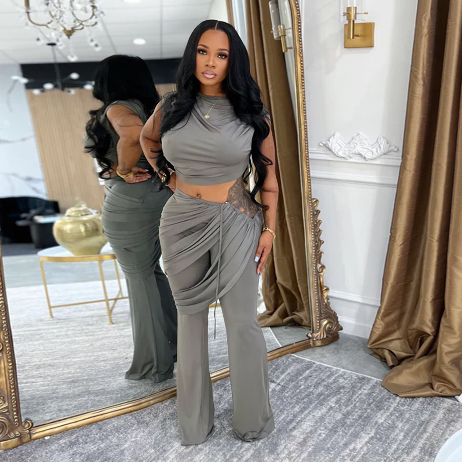 Women Casual Sleeveless Crop Top and Two-Piece Pants Set