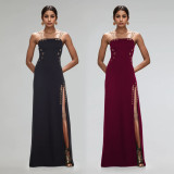 Women Elegant Gold Chain Sexy Strapless Slit Dress