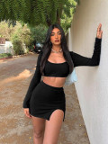 Fashion Women's Rib Long Sleeve Camisole Top Sexy Slit Tight-Fitting Bodycon Short Skirt Set
