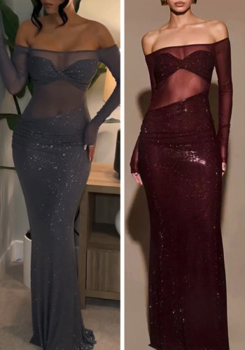 Women Beaded Sexy Mesh See-Through Formal Party Maxi Dress