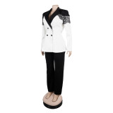 Women casual elegant lace Patchwork blazer and pant two-piece set