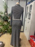 Women Solid Striped Half-Turtleneck Long-Sleeved Top and Skirt Two-Piece Set