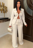 Women elegant contrast color turndown collar casual blazer and pant two-piece set