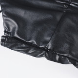 Women sexy V-neck halter slit stretchy Pu-Leather bodycon dress