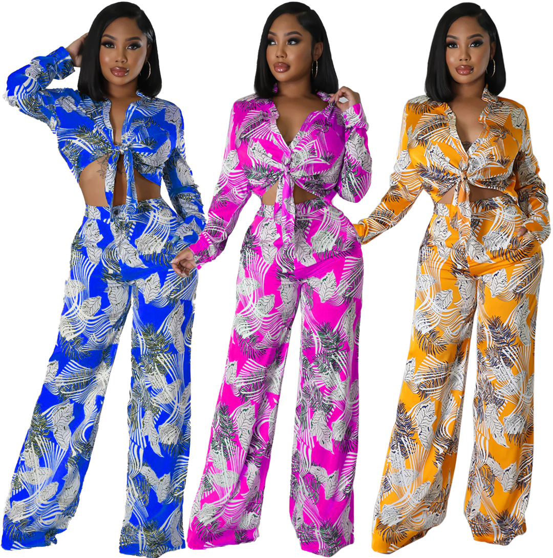 Summer Print Stand Collar Long Sleeve Shirt Top Wide Leg Pants Fashion Two-Piece Set